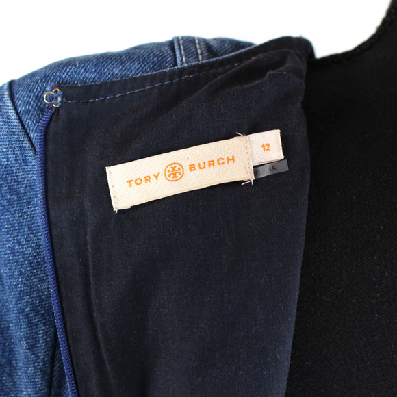 Tory Burch Nadia Triple Washed Blue Denim Belted Dress 12 Gold Logo Short Mini - Picture 7 of 8